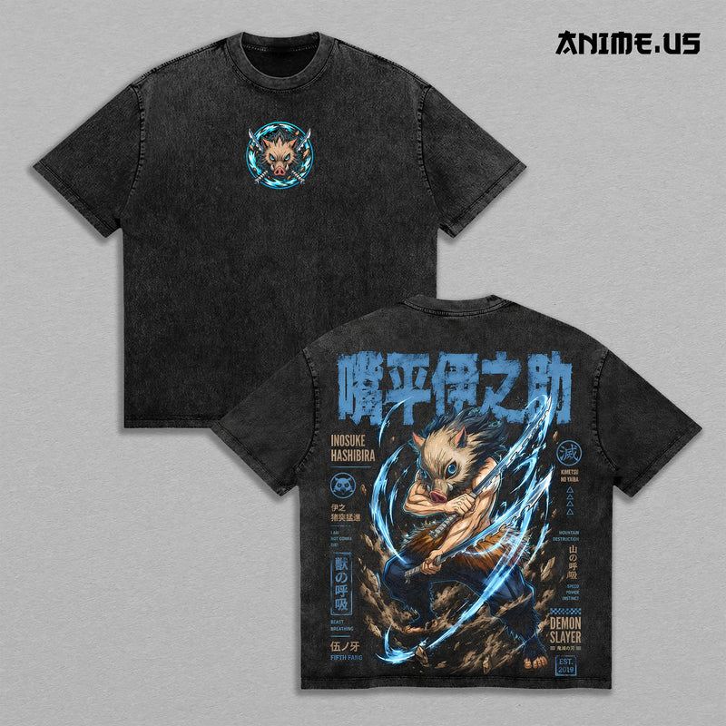 Inosuke Hashibira Demon Slayer Vintage Washed Gym T-Shirt, Beast Breathing Fifth Fang Double Sided Anime Graphic Tee, Oversized Heavyweight Cotton Boar Mask Manga Streetwear, Unisex Fan Gift