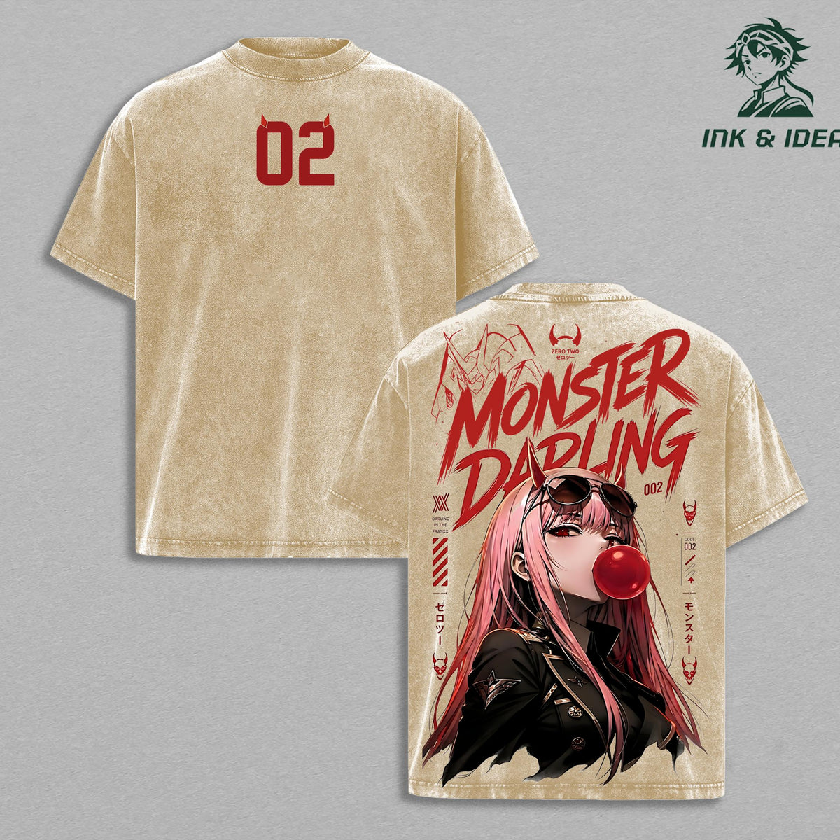 Zero Two Darling in the Franxx Vintage Washed T-Shirt, Monster Darling Anime Oversized Hip Hop Streetwear Tee, Heavy Cotton Y2K Graphic Shirt, Retro Manga Unisex Top Gift