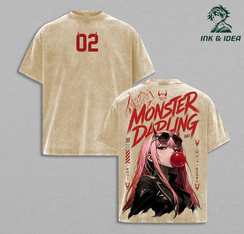 Zero Two Darling in the Franxx Vintage Washed T-Shirt, Monster Darling Anime Oversized Hip Hop Streetwear Tee, Heavy Cotton Y2K Graphic Shirt, Retro Manga Unisex Top Gift