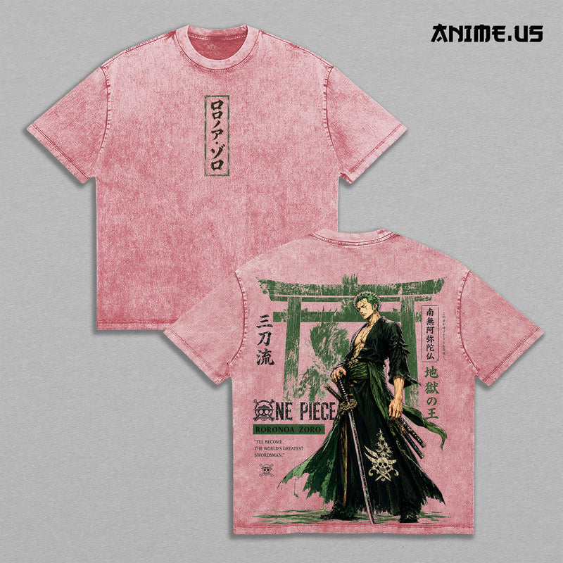 Roronoa Zoro Three-Sword Style OnePiece Anime Graphic Tee King of Hell Swordsman Vintage Washed Oversized T-Shirt Manga Art Heavyweight Cotton Streetwear Back Print Shirt