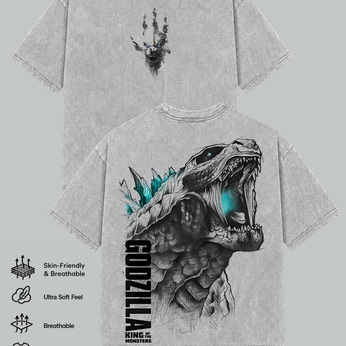 Godzilla Vintage Graphic T-Shirt, Kaiju Monster Movie Tee, Oversized Washed Heavyweight Cotton, Unisex Streetwear, Retro Kaiju Inspired, Short Sleeve, Seamless, Casual Top, Menswear, Gift for Movie Fans