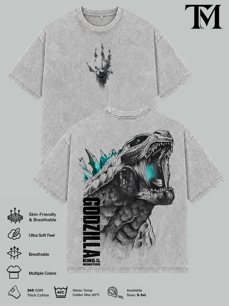 Godzilla Vintage Graphic T-Shirt, Kaiju Monster Movie Tee, Oversized Washed Heavyweight Cotton, Unisex Streetwear, Retro Kaiju Inspired, Short Sleeve, Seamless, Casual Top, Menswear, Gift for Movie Fans