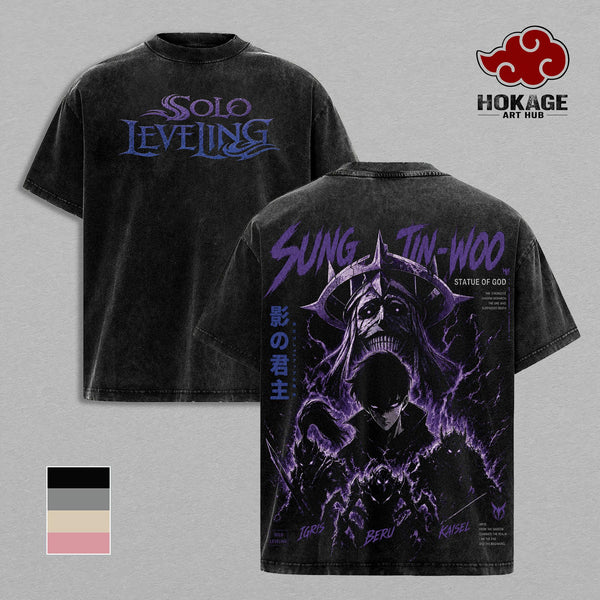 Sung Jin-Woo Solo Leveling T-Shirt, Shadow Monarch Igris Beru Kaisel Statue of God Graphic Tee, Vintage Washed Anime Shirt, Back Print Heavy Cotton Oversized Streetwear, Unisex Distressed Manga T-Shirt, Gift for Solo Leveling Fans