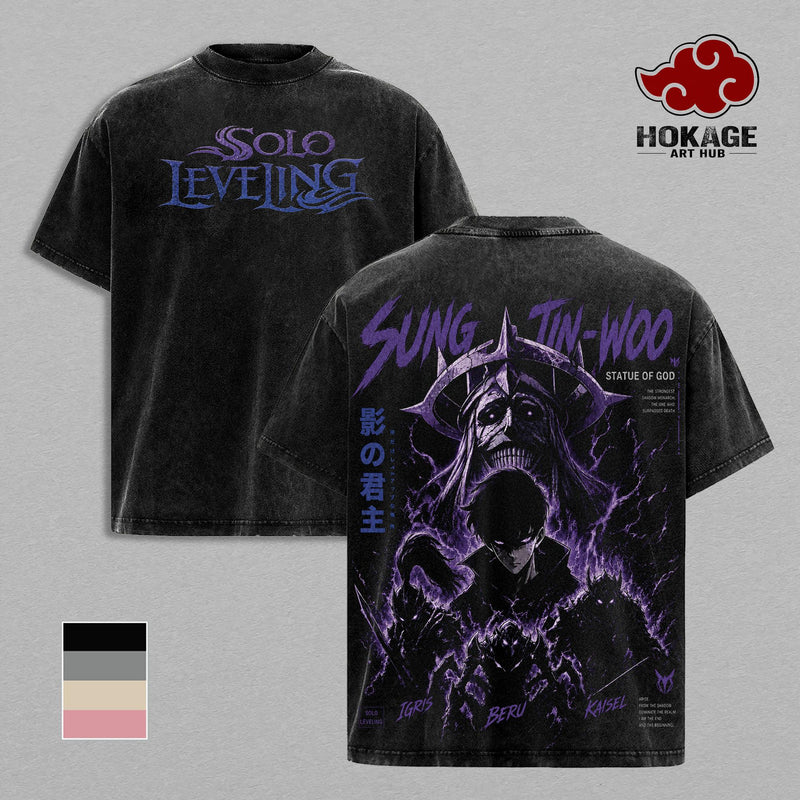 Sung Jin-Woo Solo Leveling T-Shirt, Shadow Monarch Igris Beru Kaisel Statue of God Graphic Tee, Vintage Washed Anime Shirt, Back Print Heavy Cotton Oversized Streetwear, Unisex Distressed Manga T-Shirt, Gift for Solo Leveling Fans