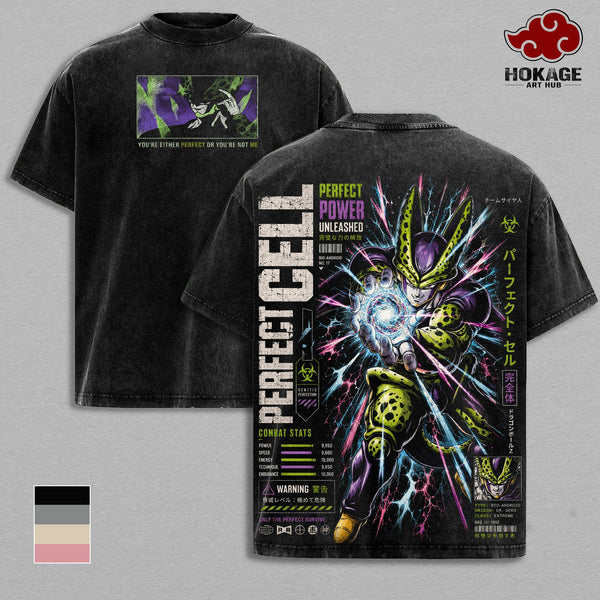 Perfect Cell DBZ Vintage Washed T-Shirt Bio Android Anime Graphic Tee Perfect Power Streetwear Oversized Shirt Gift for DBZ Fans