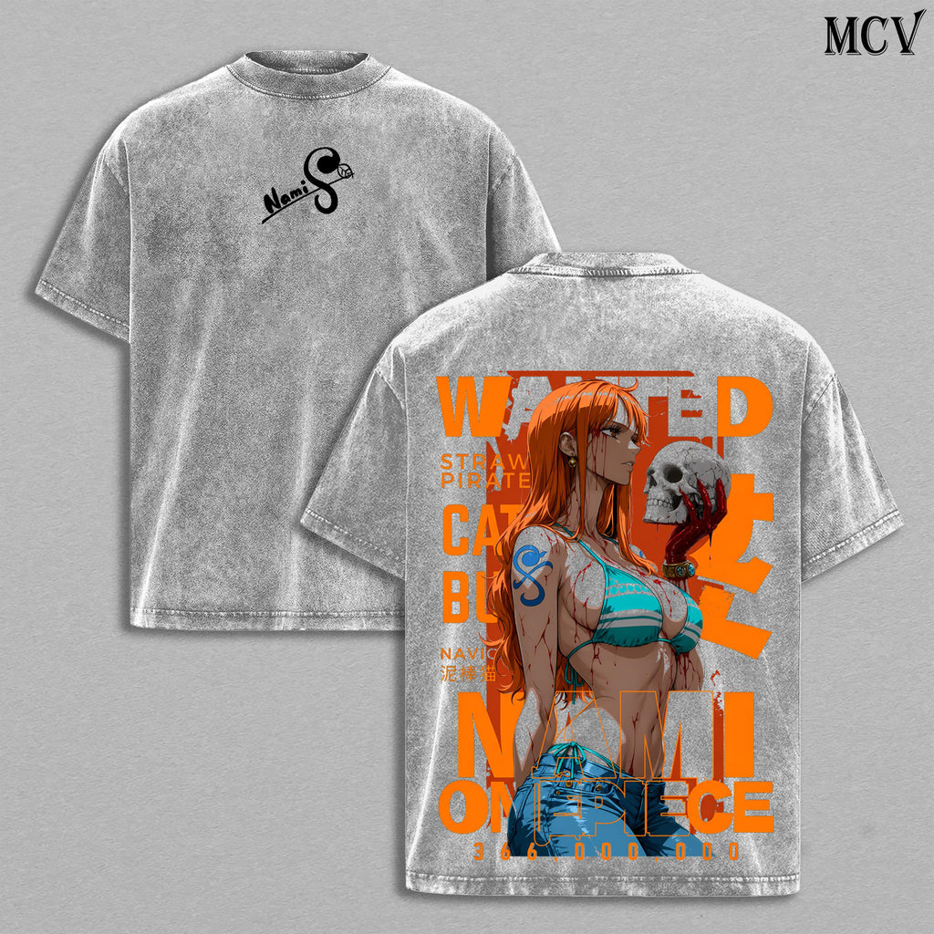 Nami Washed Tee – OnePiec Anime Manga Lightning Girl Graphic Double Printed T-Shirt, Menswear Heavy Cotton Unisex Oversize Vintage Streetwear