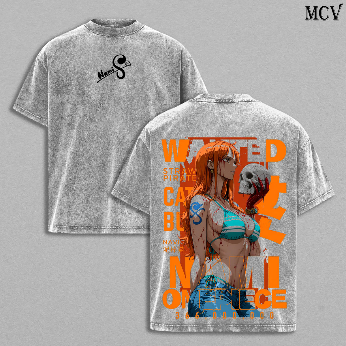 Nami Washed Tee – OnePiec Anime Manga Lightning Girl Graphic Double Printed T-Shirt, Menswear Heavy Cotton Unisex Oversize Vintage Streetwear