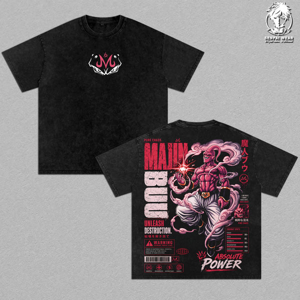 Majin Buu DBZ Vintage Washed Anime T-Shirt Majin Form Villain Graphic Tee Oversized Heavyweight Cotton Shirt Unisex Manga Streetwear Top Gift for DBZ Fans Apparel Classic
