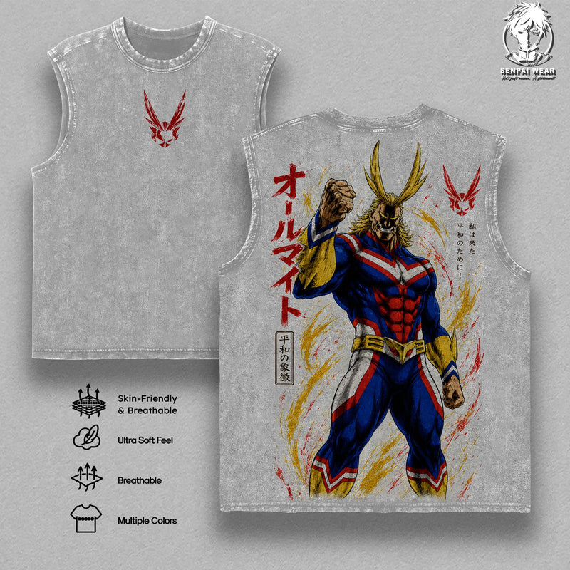 Vintage Washed All Might Tank Top MHA Plus Ultra Gym Wear My Hero Academia Graphic Heavy Cotton Unisex Streetwear Pump Cover Outfit Merch Anime Lovers Mens Gift