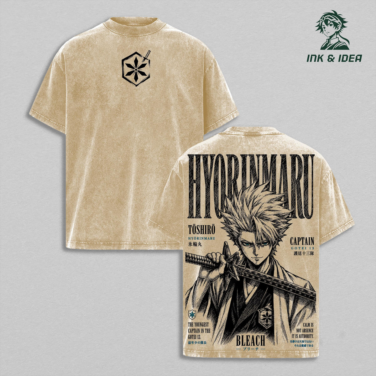 Toshiro Hitsugaya Bleach Vintage Washed Heavyweight Cotton T-Shirt, Hyorinmaru Ice Dragon Soul Reaper Captain Graphic Tee, Double Sided Oversized Manga Streetwear, Unisex Anime Fan Gift