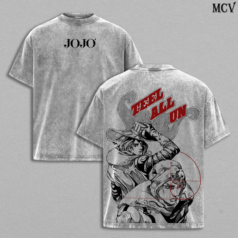 Johnny Joestar x Gyro Zeppeli Tee Washed – JoJo’s Bizarre Adventure Steel Ball Run Part 7 Vintage Retro Washed Heavy Cotton Oversized Anime Manga T-Shirt & Hoodie, Double Printed Western Race Retro Unisex Streetwear Graphic Top, Spin Technique Duo Edition