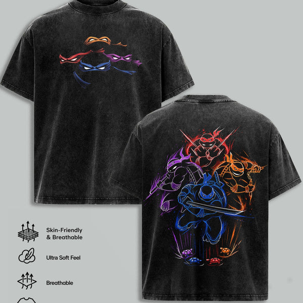 Vintage Black Washed TMNT T-Shirt, Front "Turtles" Logo & Side Weapon Flags + Back Full TMNT & Shredder Print, Oversized Unisex Tee