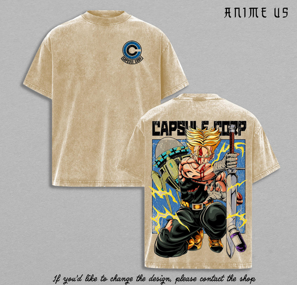 Future Trunks Golden Saiyan Warrior Capsule Corp DBZ Vintage Washed Anime Shirt Sword Warrior Graphic Oversized Tee