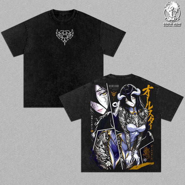 Albedo Graphic Tee, Vintage Washed Cotton, Anime Inspired Unisex Apparel, Dark Aesthetic Streetwear, Oversized Soft Cotton Shirt with Albedo Design, Perfect for Fans of Overlord