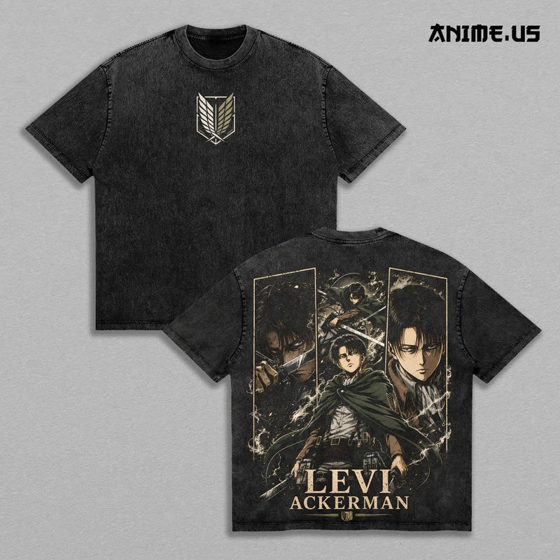 Levi Ackerman Attack on Titan Scout Regiment Captain Vintage Washed Anime Shirt, Silent Leader Precision Fighter Aura Graphic Tees Men Large Back Print Streetwear