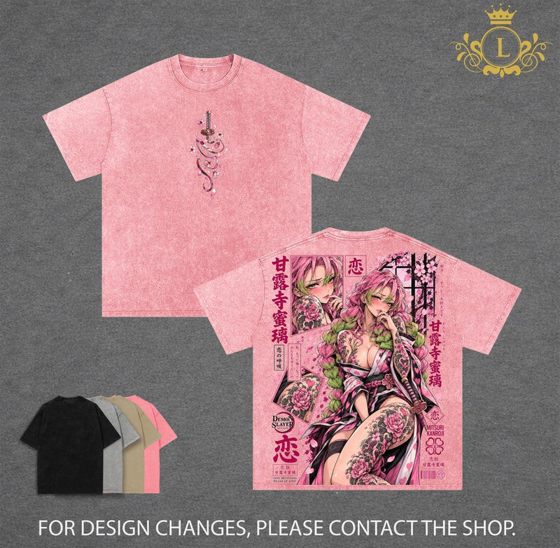 Limited Edition Mitsuri Kanroji Vintage Washed Graphic Tee Demon Slayer T-Shirt Kimetsu No Yaiba Shirt Blood Demon Art Heavy Cotton Unisex Streetwear Gift for Anime Lovers