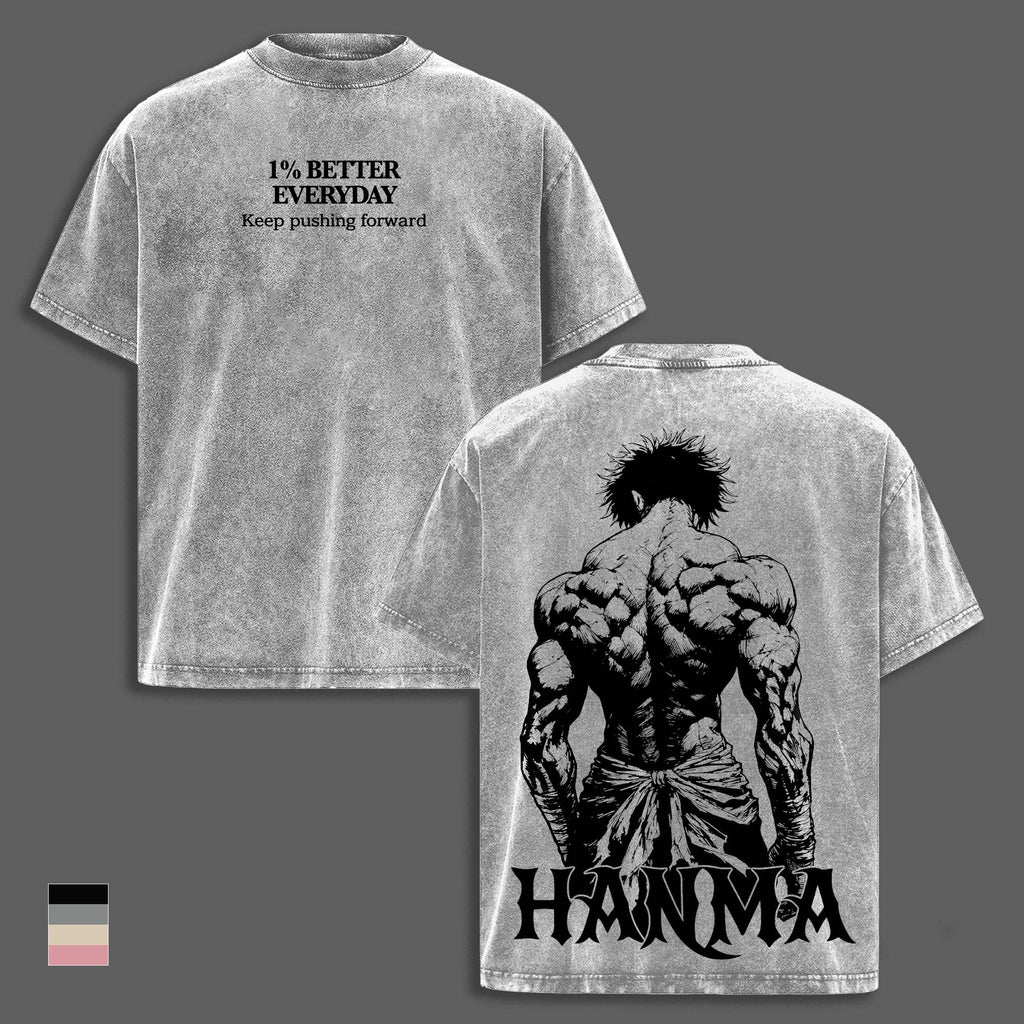 Baki Hanma Anime Gym Tee, 1% Better Every Day Workout Graphic T-Shirt, Vintage Washed Oversized Pump Cover, Heavyweight Cotton Muscle Training Streetwear Shirt, Fitness Tank Unisex Fan Gift Gym Merch