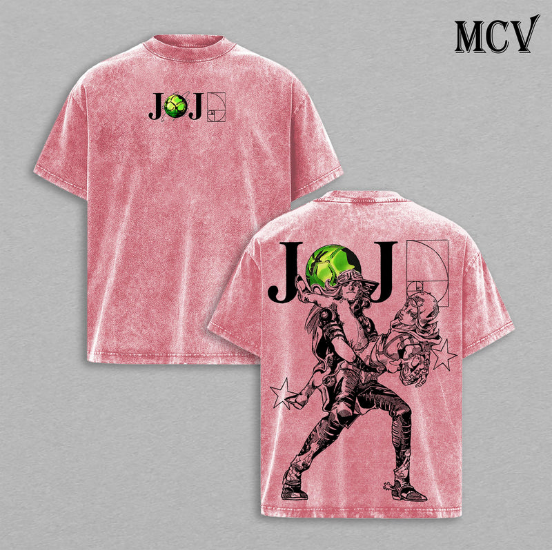 Johnny Joestar x Gyro Zeppeli – JoJo’s Bizarre Adventure Steel Ball Run Part 7 Anime Manga Spin Technique Western Race Graphic Double Printed Washed Tee, Menswear Heavy Cotton Unisex Oversize Streetwear Vintage