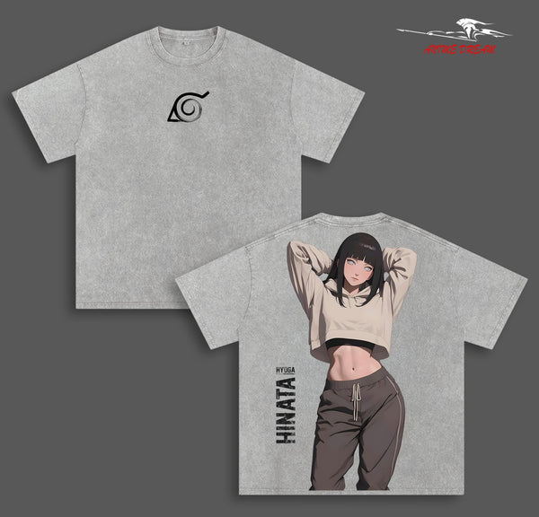 Hinata Hyuga Naruto Anime Double Printed Vintage Washed Tee Unisex Oversize Anime Manga Washed Heavyweight Cotton T-shirt