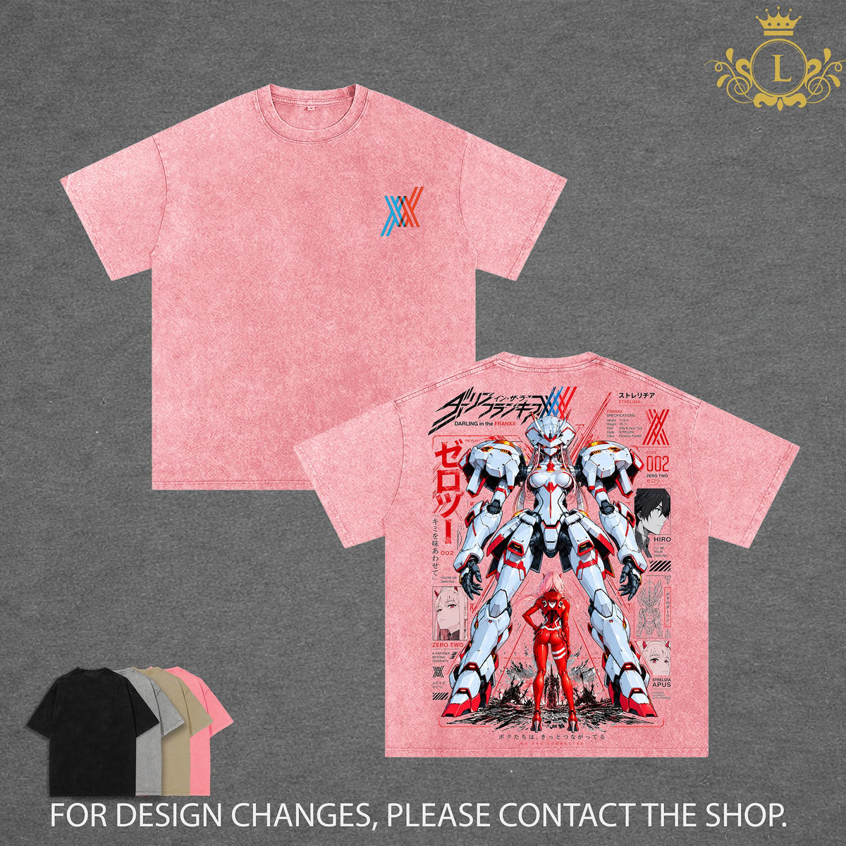 Limited Darling in the Franxx Zero Two Washed T-Shirt, Strelizia Mecha Anime Graphic Tee, Hiro and Zero Two Vintage Acid Wash Oversized Shirt, Double Sided Print, Japanese Anime Streetwear, Unisex Cotton Tee, Gift for Anime Fans