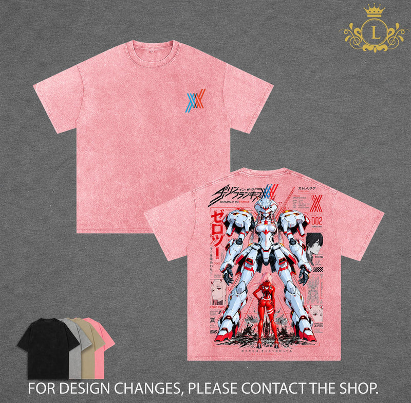 Limited Darling in the Franxx Zero Two Washed T-Shirt, Strelizia Mecha Anime Graphic Tee, Hiro and Zero Two Vintage Acid Wash Oversized Shirt, Double Sided Print, Japanese Anime Streetwear, Unisex Cotton Tee, Gift for Anime Fans