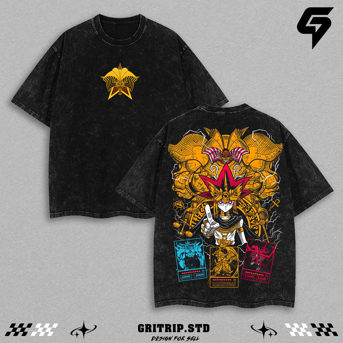 Yami Yugi Duel Monsters Oversized Tee | Yu-Gi-Oh Anime Double Printed Washed Shirt | Unisex Manga Washed Heavyweight Cotton | Egyptian God Cards Vintage Top | Dark Magician Pharaoh Aesthetic Streetwear