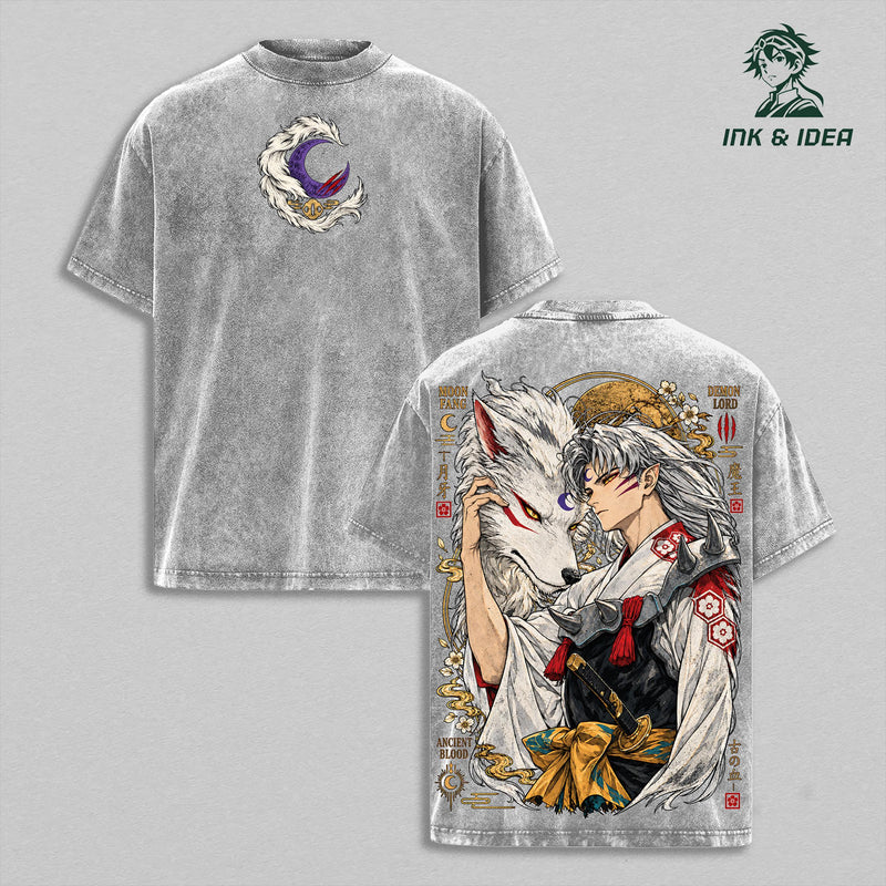 Sesshomaru Inuyasha Vintage Washed Gym T-Shirt, Demon Lord Moon Fang Double Sided Anime Graphic Tee, Oversized Heavyweight Cotton Fantasy Manga Streetwear, Unisex Fan Gift