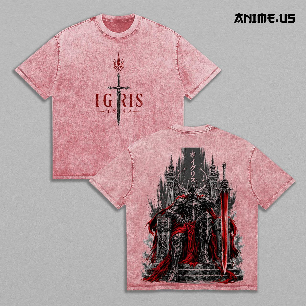 Igris Solo Leveling Shadow Knight Vintage Washed Anime Shirt, Dark Throne Giant Sword Loyal Commander Gothic Fantasy Graphic Tees Men Large Back Print Streetwear