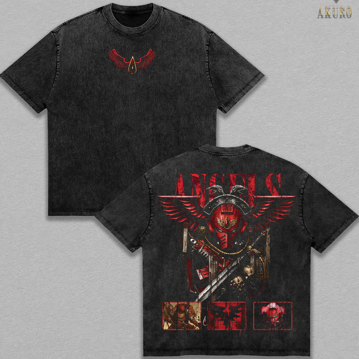 Blood Angel WarHammer 40k Men's Unisex Oversized Heavyweight Cotton Round Neck Manga T-Shirt - Casual Streetwear, Retro Vintage Style, Acid Street Aesthetic, Gift for Manga Fans