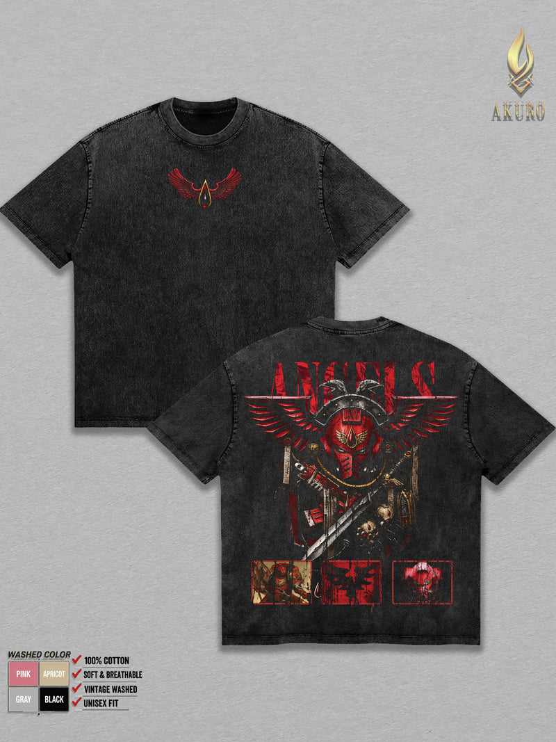 Blood Angel WarHammer 40k Men's Unisex Oversized Heavyweight Cotton Round Neck Manga T-Shirt - Casual Streetwear, Retro Vintage Style, Acid Street Aesthetic, Gift for Manga Fans