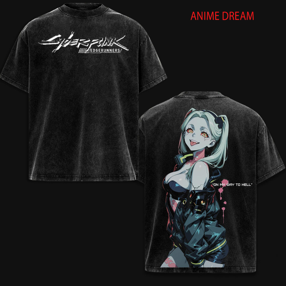 Rebecca Cyberpunk Edgerunners Anime Double Printed Vintage Washed Tee Unisex Oversize Anime Manga Washed Heavyweight Cotton T-shirt