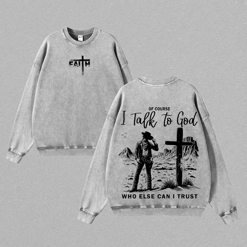 I Talk to God T Shirt Christian Cowboy Vintage Washed Oversized Faith Graphic Tee Cross Western Streetwear Heavy Cotton Religious Inspiration Shirt for Men Women Jesus Apparel