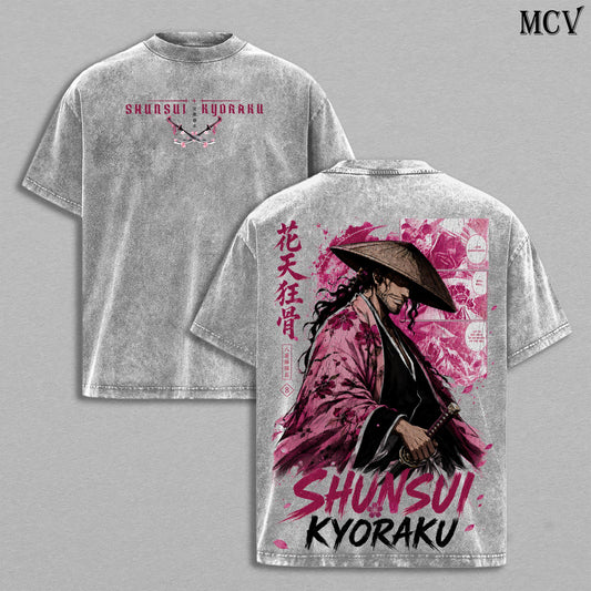 Kyoraku Shunsui Bleach Tee – Shunsui Kyoraku Vintage Washed T-Shirt | Captain Commander | Katen Kyokotsu Anime Manga Graphic Tee | Heavy Cotton Unisex Oversized Streetwear Top