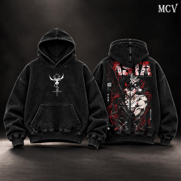 Asta Black Clover Vintage Washed Oversized Hoodie, Double-Sided Anime Graphic Pullover, Anti Magic Demon Form Design, Retro Y2K Streetwear, Unisex Black Clover Fan Gift