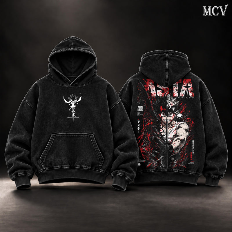 Asta Black Clover Vintage Washed Oversized Hoodie, Double-Sided Anime Graphic Pullover, Anti Magic Demon Form Design, Retro Y2K Streetwear, Unisex Black Clover Fan Gift