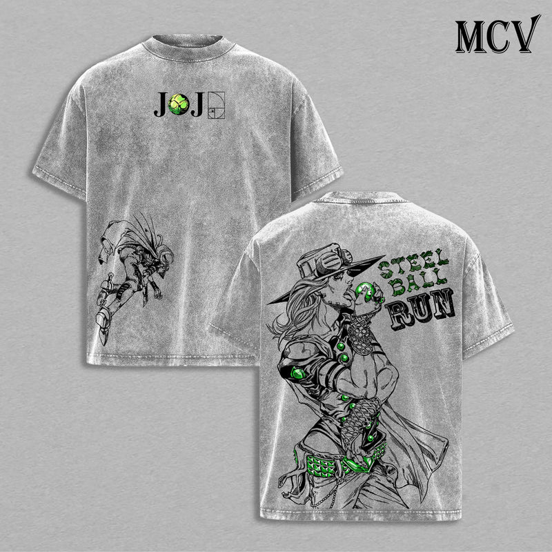 JoJo Steel Ball Run Anime Vintage Washed T-Shirt, Gyro Zeppeli Graphic Tee, Manga Streetwear Heavy Cotton Shirt
