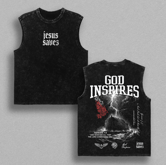 God Inspires Vintage Washed Oversized Christian T-Shirt – “Jesus Saves” Faith Graphic Tee, Heavy Cotton Retro Gospel Streetwear Top, Unisex Worship Apparel for Believers & Followers of Christ