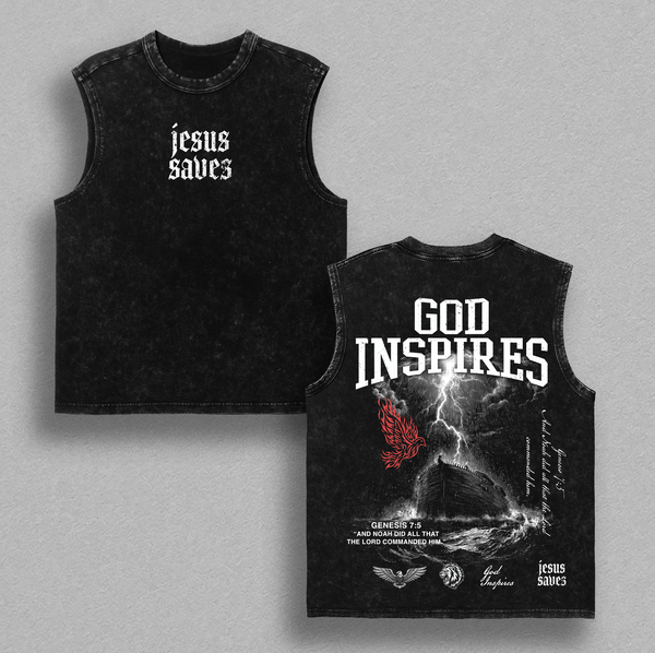 God Inspires Vintage Washed Oversized Christian T-Shirt – “Jesus Saves” Faith Graphic Tee, Heavy Cotton Retro Gospel Streetwear Top, Unisex Worship Apparel for Believers & Followers of Christ
