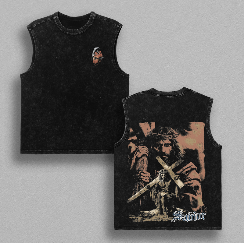 Savior Vintage Washed T-Shirt Tank Top Hoodie – Oversized Christian Streetwear Graphic Tee, Acid Wash Soft Cotton Shirt, Faith T-Shirt, Jesus Cross Graphic Tee, Unisex Casual Christian Apparel, Gym Pump Cover, Everyday Wear for Believers