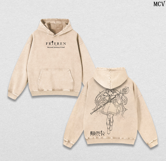 Fantasy Elf Frieren Hoodie – Beyond Journey’s End Vintage Washed Anime Pullover Hoodie Cozy Aesthetic
