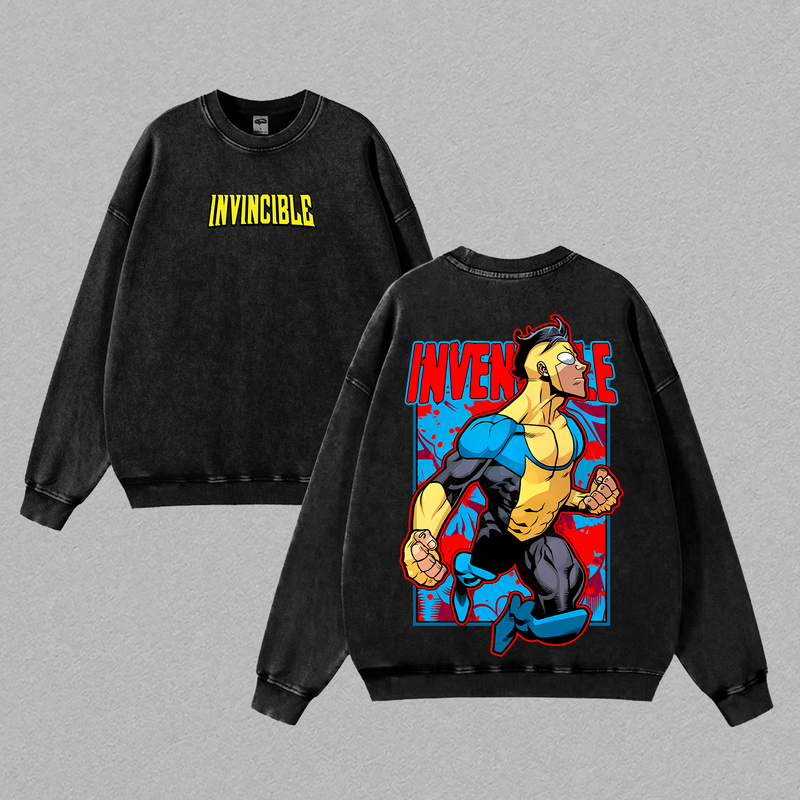 Invincible Hero Punch Tee - Oversized T-Shirt Washed, Lightweight Acid Wash Look, TV Series Graphic, Streetwear for Comic Fans
