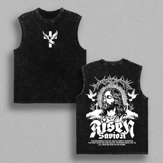 Risen Savior Jesus T-Shirt | Vintage Washed Christian Tee with Cross and Dove | Resurrection of Christ Graphic – Victory Over Sin and Death | Faith-Based Streetwear by Glory Threads
