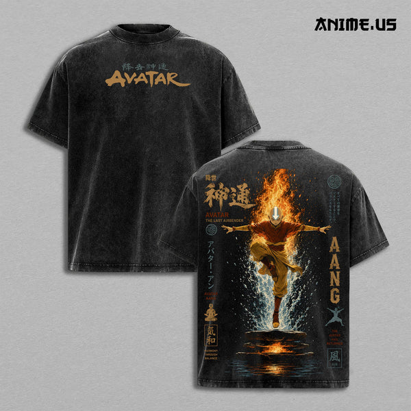 Avatar Aang The Last Airbender Anime Graphic Vintage Shirt, Avatar State 4 Elements Air Nomad Elemental Master Heavyweight Washed Cotton Anime Tee T-Shirt Cartoon Fantasy Bending Streetwear