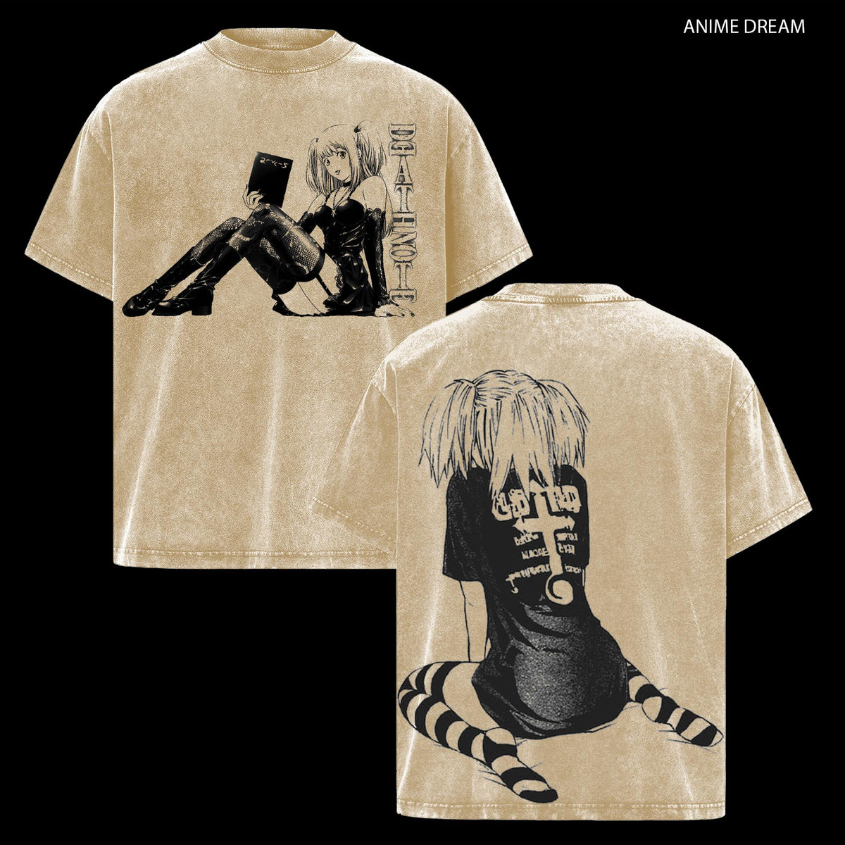 Misa Amane Death Note Anime Double Printed Vintage Washed Tee Unisex Oversize Heavyweight Cotton T-shirt for Anime Fans and Lovers