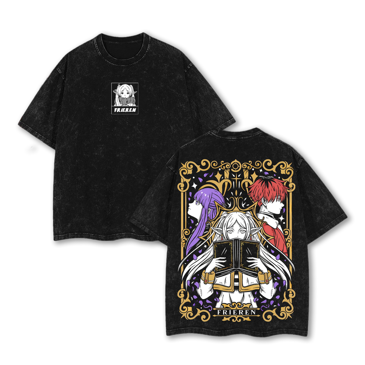 Frieren, Fern & Stark Graphic Tee Frieren Beyond Journey’s End Vintage Washed Anime T-Shirt