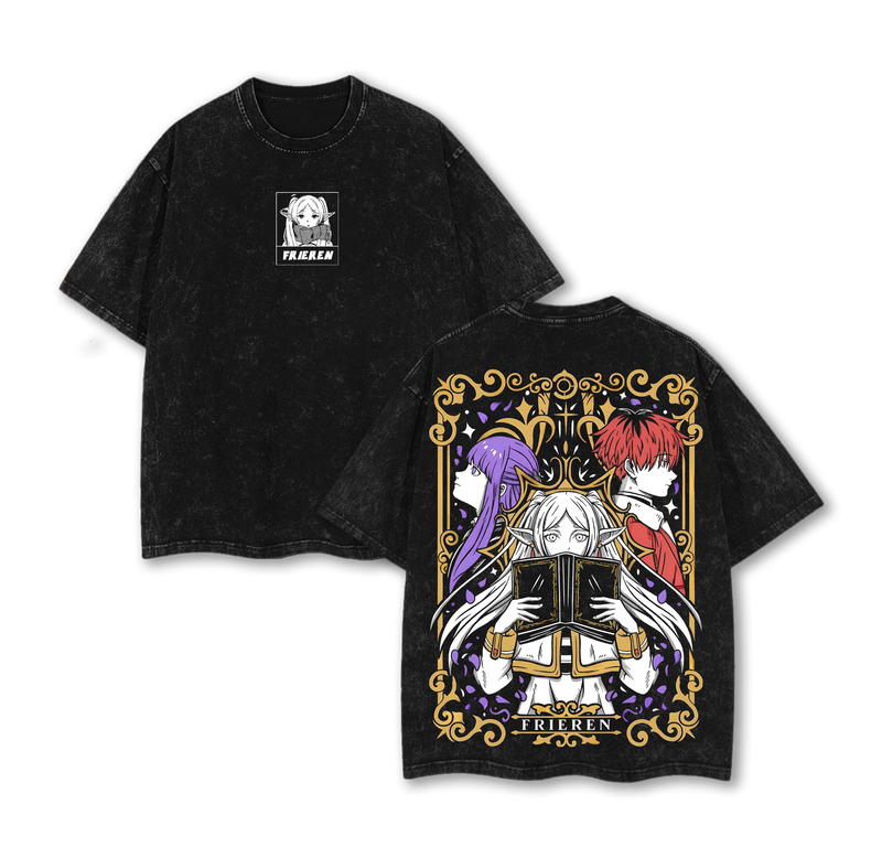 Frieren, Fern & Stark Graphic Tee Frieren Beyond Journey’s End Vintage Washed Anime T-Shirt