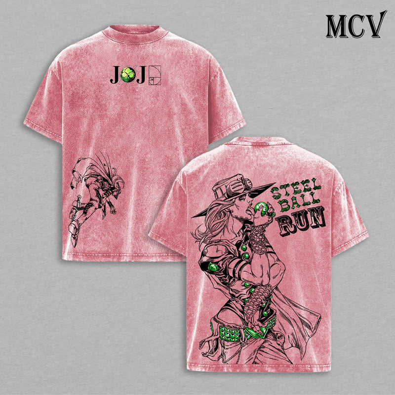 JoJo Steel Ball Run Anime Vintage Washed T-Shirt, Gyro Zeppeli Graphic Tee, Manga Streetwear Heavy Cotton Shirt