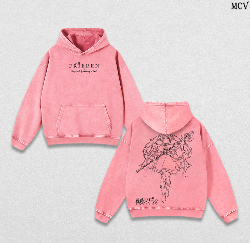 Fantasy Elf Frieren Hoodie – Beyond Journey’s End Vintage Washed Anime Pullover Hoodie Cozy Aesthetic