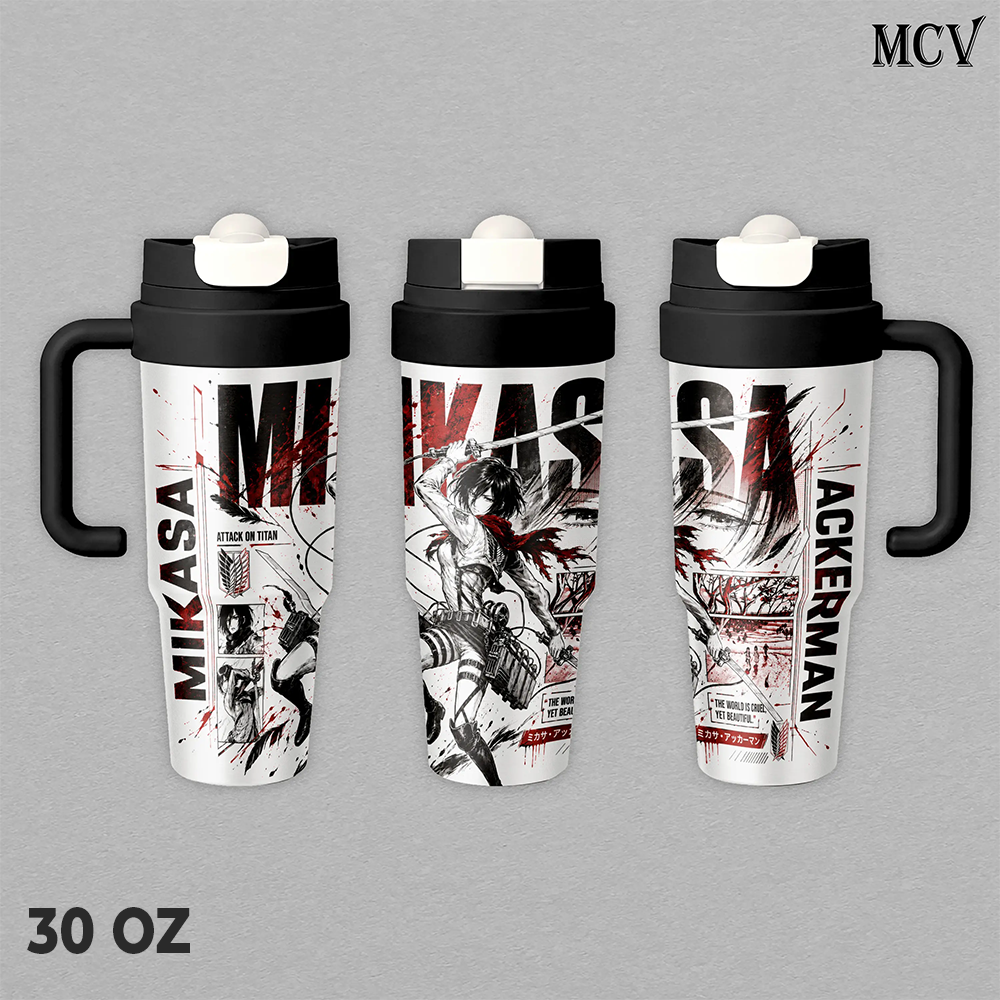 Mikasa Ackerman Attack on Titan Tumbler 17oz 24oz 30oz, Insulated Stainless Steel Travel Mug with Handle and Lid, Anime Manga Graphic Design, Reusable Coffee Water Cup Gift