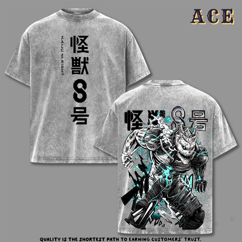 Kafka Hibino Vintage Washed Tee, Kaiju No. 8 Double Printed Oversized Heavyweight Anime T-Shirt, Unisex Streetwear, Kaiju Form Edition